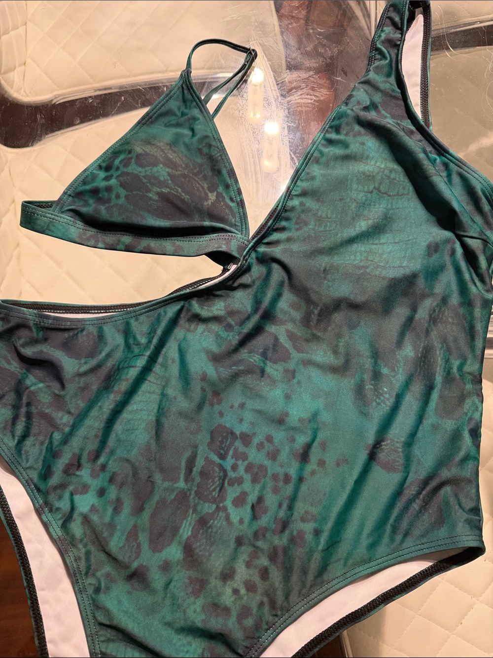 Green Patterned V-Neck One-Piece Swimsuit